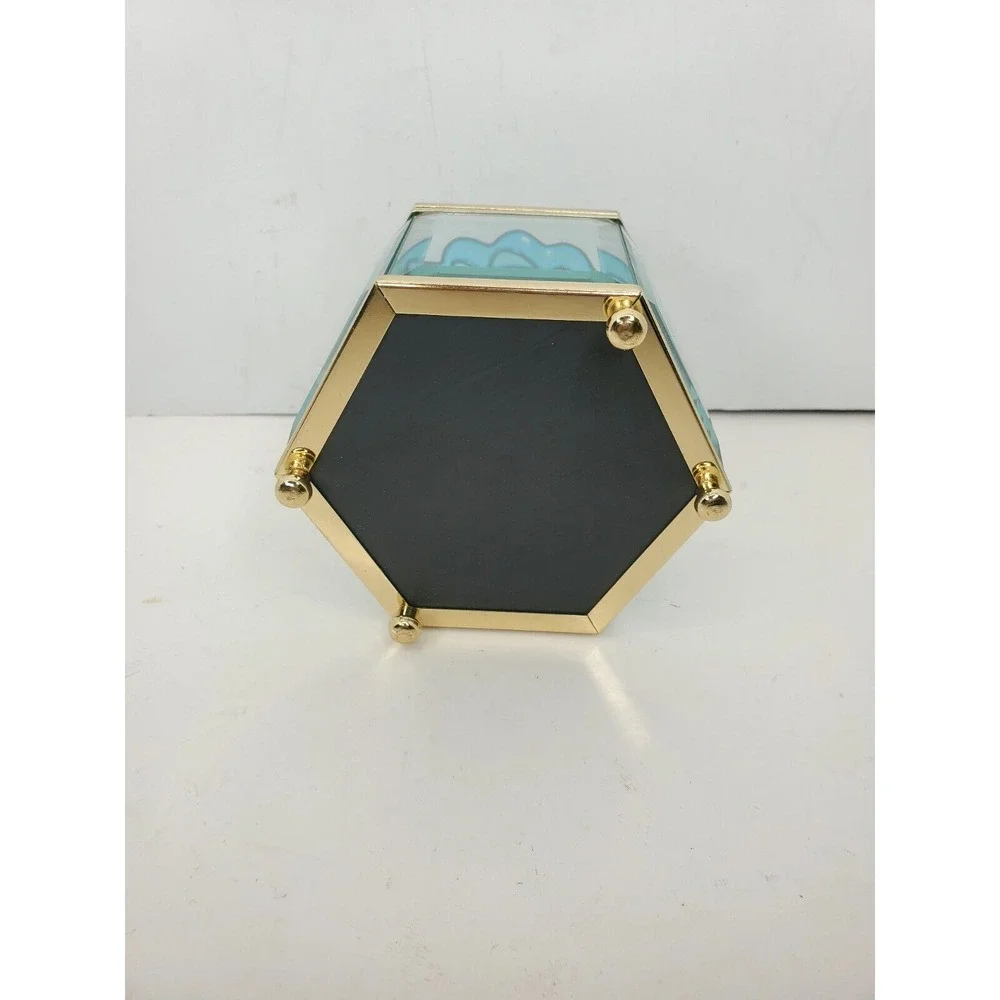 Vtg Hexagon Floral Brass Trinket Jewelry Box Stained Glass Mirrored Pink‎ & Blue